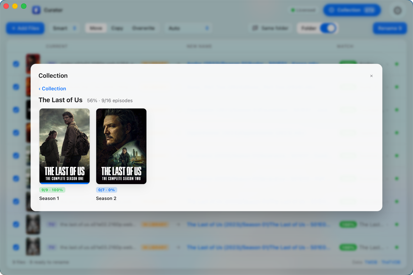 Curator's per-season completion percentages and its missing-episodes report