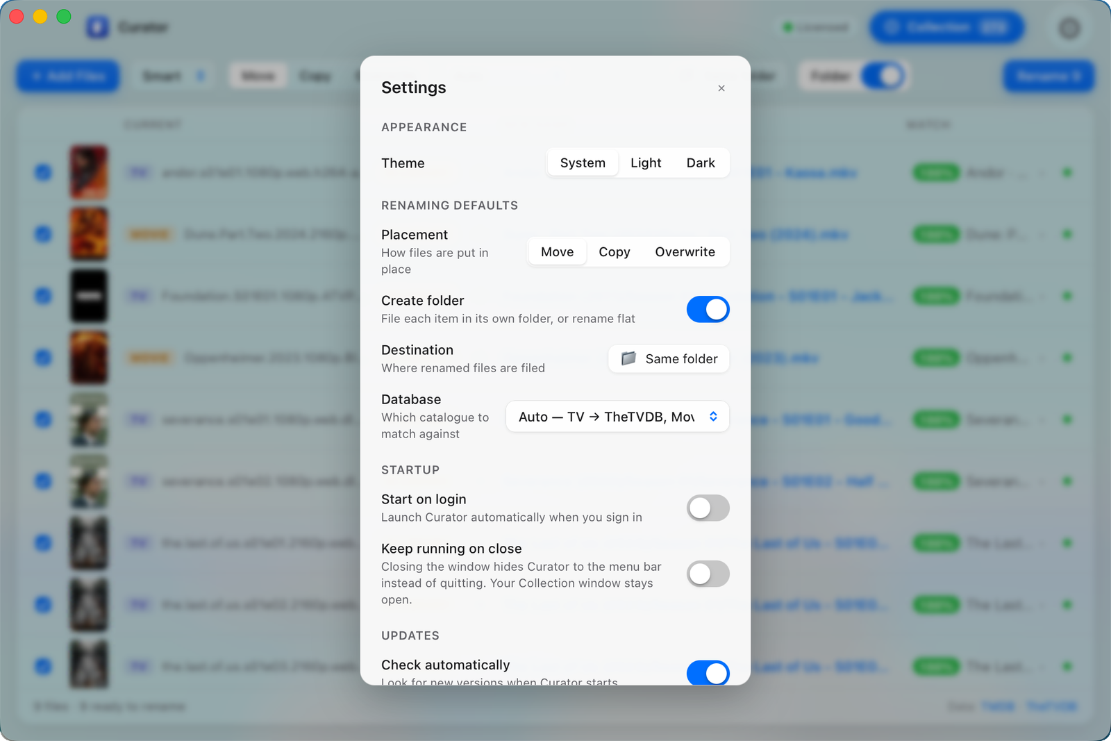 Curator's settings — placement, folder, database and theme defaults